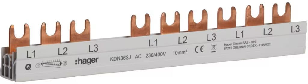 Hager KDN363x Phasenschiene, 3-polig, für FI- und LS-Schalter, 63A, Gabel, 10mm²