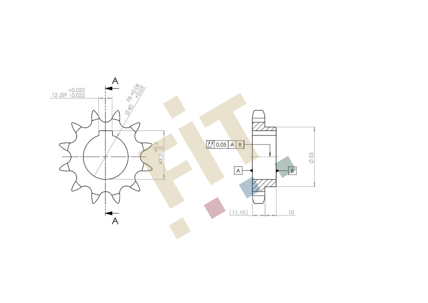 Kettenrad mit Nabe, Teilung3/4" 12B, Z=12, f. Welle Ø40 mm; d=73,6mm, verz. (m1)