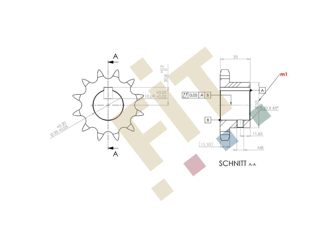 Kettenrad mit Nabe 12B-1, Z=12, Welle Ø 35mm, d=73,6mm_verz. (m2)