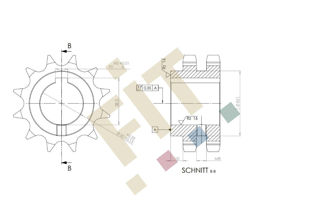 Kettenrad 12B-2, Z=12, DIN 8187, zweifach (duplex), mit Nabe und Nut 10mm, Gewindebohrung M8