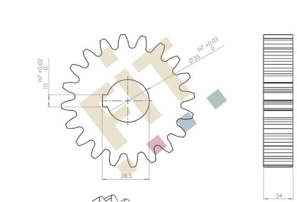 Zahnrad Andruckwalze, Z=20, m=5mm, t=24mm, Ø 35 mm