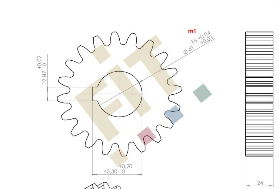 Zahnrad f. Andruckwalze, Z=20, m=5mm, t=24mm, mit Ø40 Bohrung