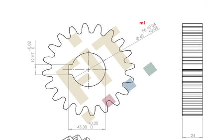 Zahnrad f. Andruckwalze, Z=20, m=5mm, t=24mm, mit Ø40 Bohrung