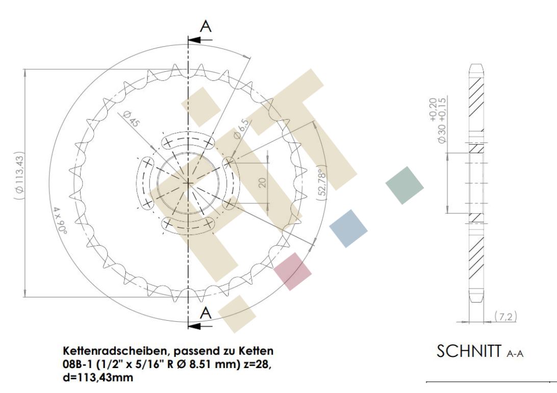Kettenradscheiben, passend zu Ketten 08B-1 (1/2" x 5/16" R Ø 8.51 mm) z=28, d=113,43mm