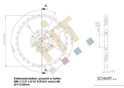 Kettenradscheiben, passend zu Ketten 08B-1 (1/2" x 5/16" R Ø 8.51 mm) z=28, d=113,43mm