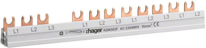 Hager KDN363x Phasenschiene, 3-polig, für FI- und LS-Schalter, 63A, Gabel, 10mm²