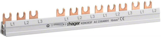 Hager KDN363x Phasenschiene, 3-polig, für FI- und LS-Schalter, 63A, Gabel, 10mm²