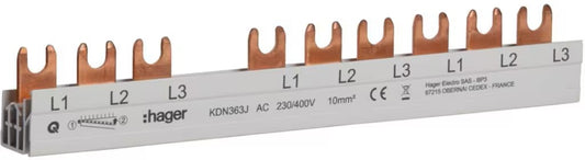 Hager KDN363x Phasenschiene, 3-polig, für FI- und LS-Schalter, 63A, Gabel, 10mm²