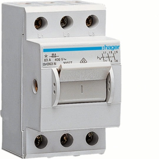 Hager SH363N Hauptschalter, Ausschalter, 63A, 3 Schließer, 400V AC, 2.5 PLE